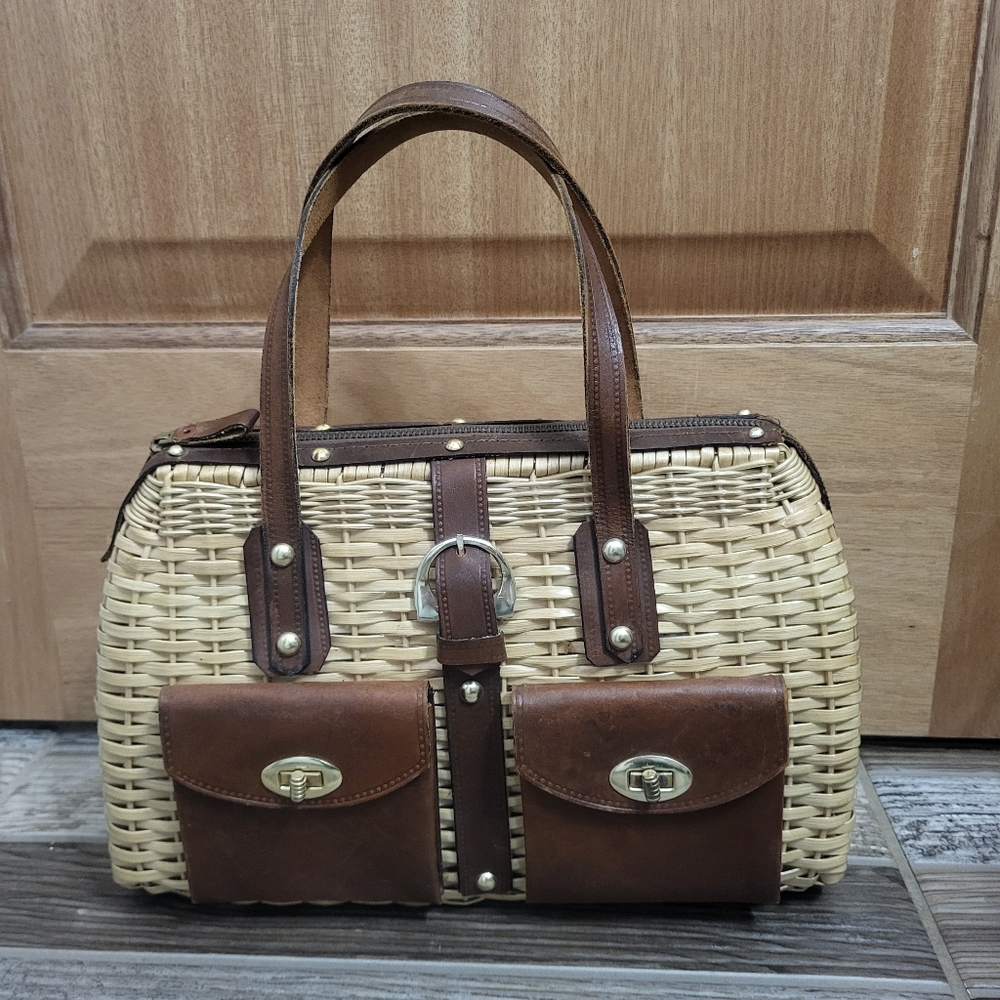 Vintage MCM Woven Wicker Basket Purse with Brown Leather Handles